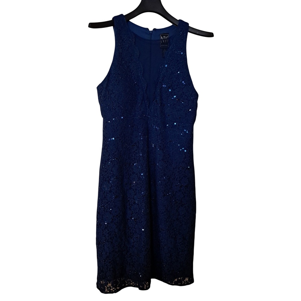 Nightway Navy Blue Sequin Lace Cocktail Dress V-Neck Sleeveless Mini Size 8